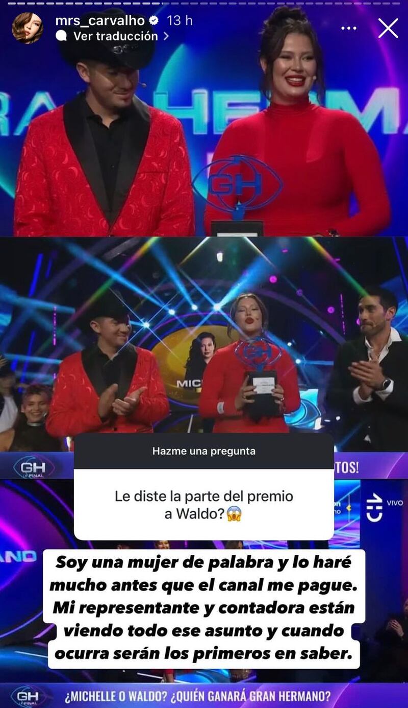 Michelle Carvalho reveló cuándo le dará la mitad de su premio a Waldo