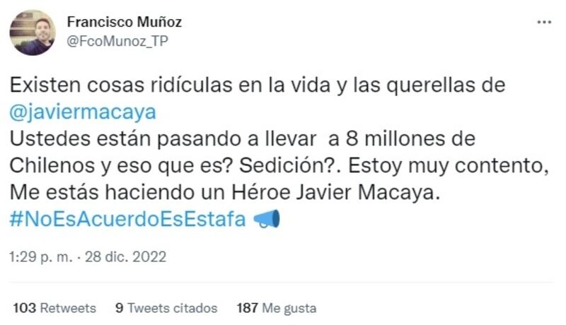 Francisco "Pancho Malo" Muñoz le restó importancia a la querella que Javier Macaya presentó este miércoles en su contra por sedición y daños.