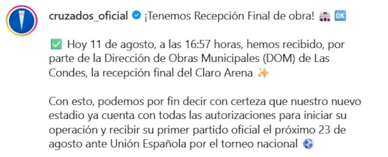 El elenco estudiantil volverá a su estadio el próximo 23 de agosto, fecha en que recibirá a Unión Española en su rebautizado Claro Arena.