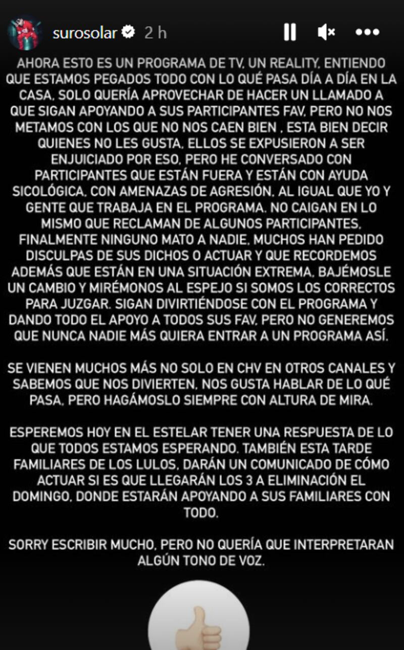 Historia de Suro Solar por "Gran Hermano" | Captura: Instagram