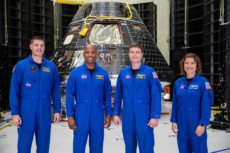 Artemis II crew members, shown inside the Neil Armstrong Operations and Checkout Building at NASA’s Kennedy Space Center in Florida. NASA