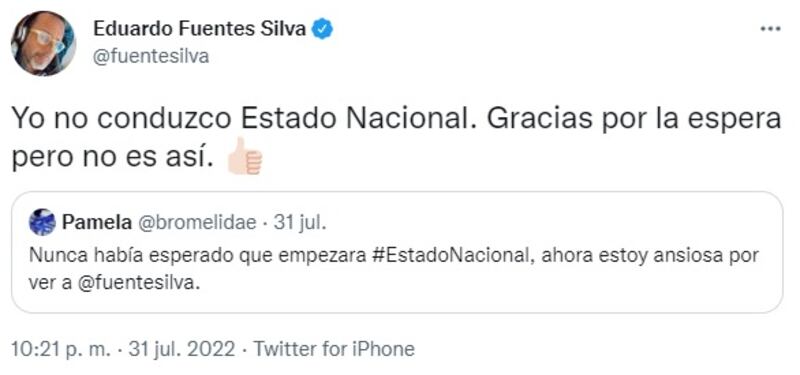 Eduardo Fuentes descartó que vaya a reemplazar a Matías del Río en "Estado Nacional".