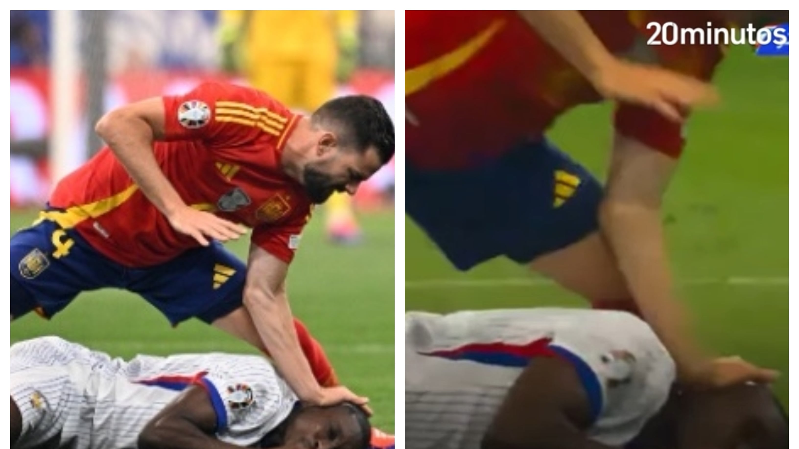 Impacto en redes sociales y los medios deportivos europeos causó la imagen del defensor español aplastando la cabeza del jugador francés.