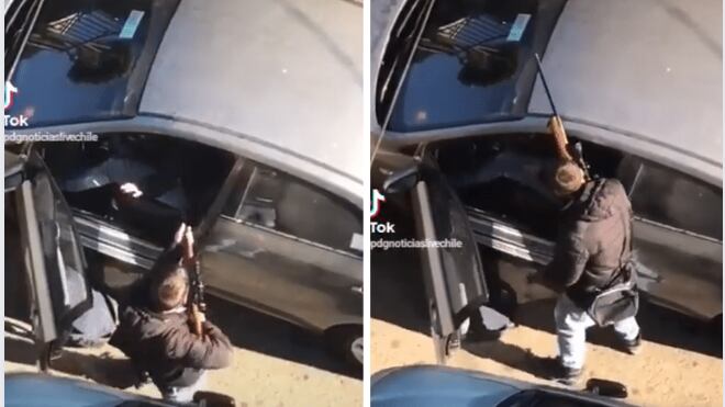 Un impactante registro fue registrado por una testigo en la ciudad de Constitución en la Región del Maule.
Las imágenes dan cuenta del momento exacto en que un delincuente amenaza con un rifle a un conductor que ruega por su vida.
En medio de insultos y amenazadas, el antisocial mantiene a la víctima al interior de su vehículo, a quien le ordena una serie de instrucciones para cometer el ilícito. “Mira pa’ allá cochino cu…”, le gritó el sujeto al afectado.