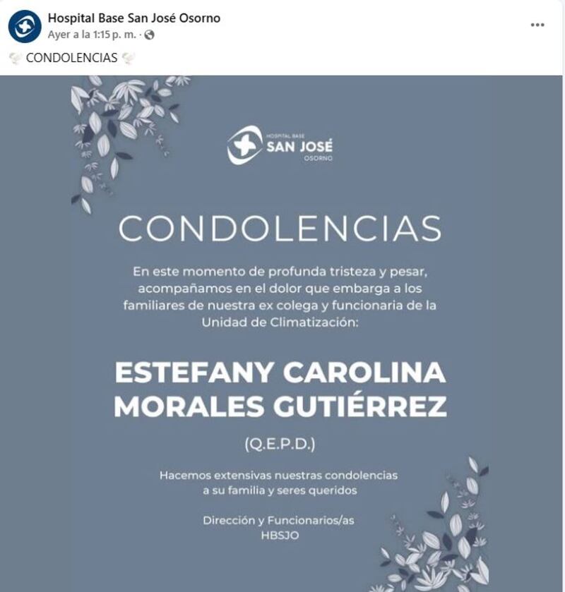 Hasta el momento se desconocen las causas que llevaron a una mujer de 48 años a terminar con la vida de su nuera, una joven venezolana de 22 años que vivía en su casa en Osorno. 
La víctima fue identificada como Estefany Morales Gutiérrez, quiera era pareja de uno de los hijos de la atacante, quien también vivía en el inmueble ubicado en el sector de Rahue Alto.
La joven trabajó en el Hospital Base San José de Osorno como funcionaria de la Unidad de Climatización, lugar desde donde expresaron sus condolencias, consignó Página 7.
El velorio de Estefany se realizará en la Capilla San Pedro San Pablo, ubicada en calle Cuba en el sector de Rahue Alto.