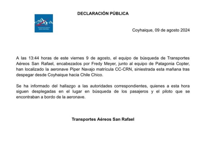 Declaración de Transportes Aéreos San Rafael | Fuente: Instagram de Transportes Aéreos San Rafael