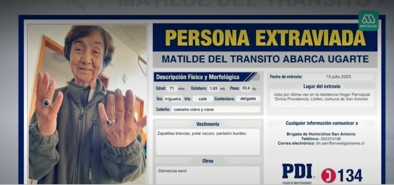 Adulta mayor desaparecida en Llolleo | Captura: Meganoticias