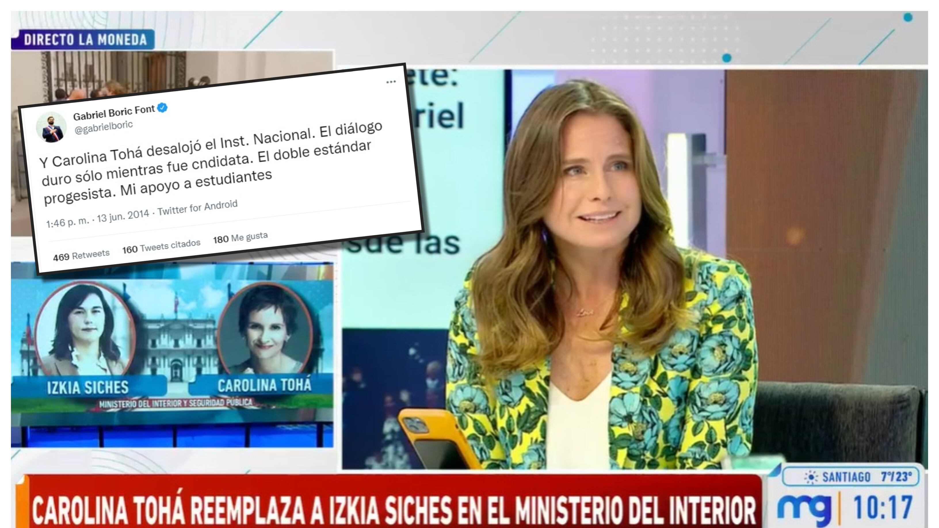 La periodista y conductora de "Mucho Gusto", Soledad Onetto, mostró en pantalla el tuit del Presidente Boric en contra de Carolina Tohá, a quien este martes presentaría como la reemplazante de Izkia Siches en el Ministerio del Interior.
