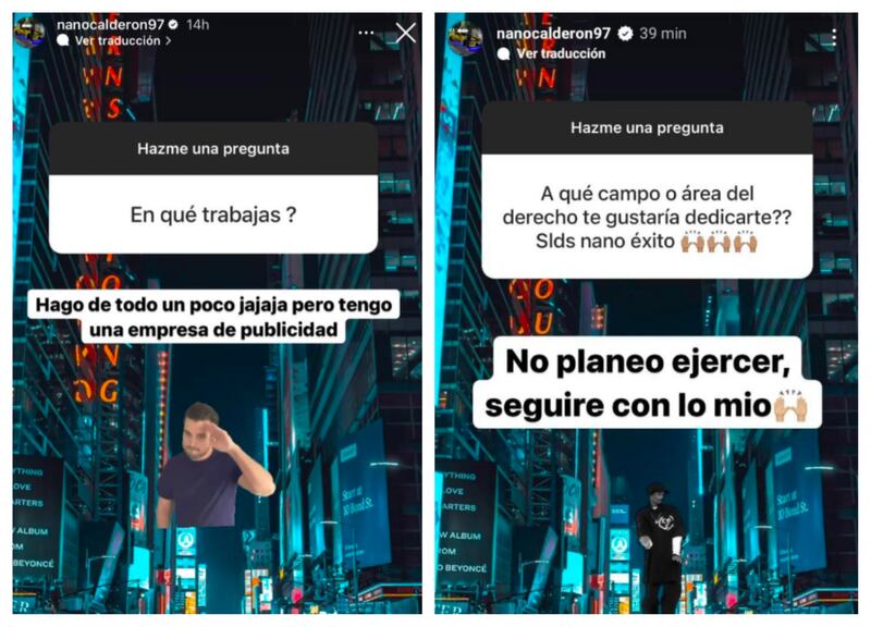 Nano Calderón aseguró en sus redes sociales que no se dedicaría a ejercer de abogado una vez que se titule de la carrera de Derecho.