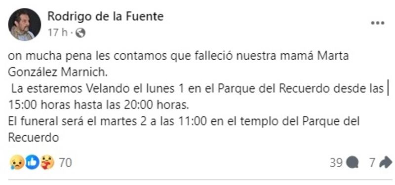 Rodrigo de la Fuente dio cuenta del fallecimiento de su madre, la fundadora de la Feria del Disco.