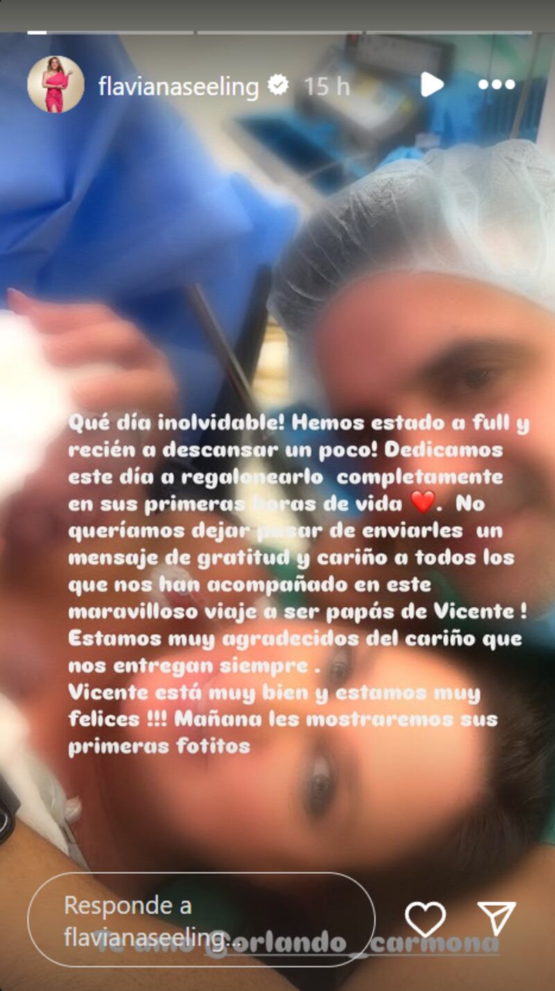 Historia sobre el nacimiento del hijo de Flaviana Seeling | Fuente: Instagram @flavianaseeling