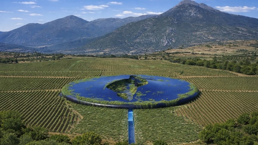 Una nueva bodega diseñada por 314 Architecture Studio parece flotar sobre los viñedos de Grecia, asemejándose a un ovni incrustado en el campo. Foto: Freepik.