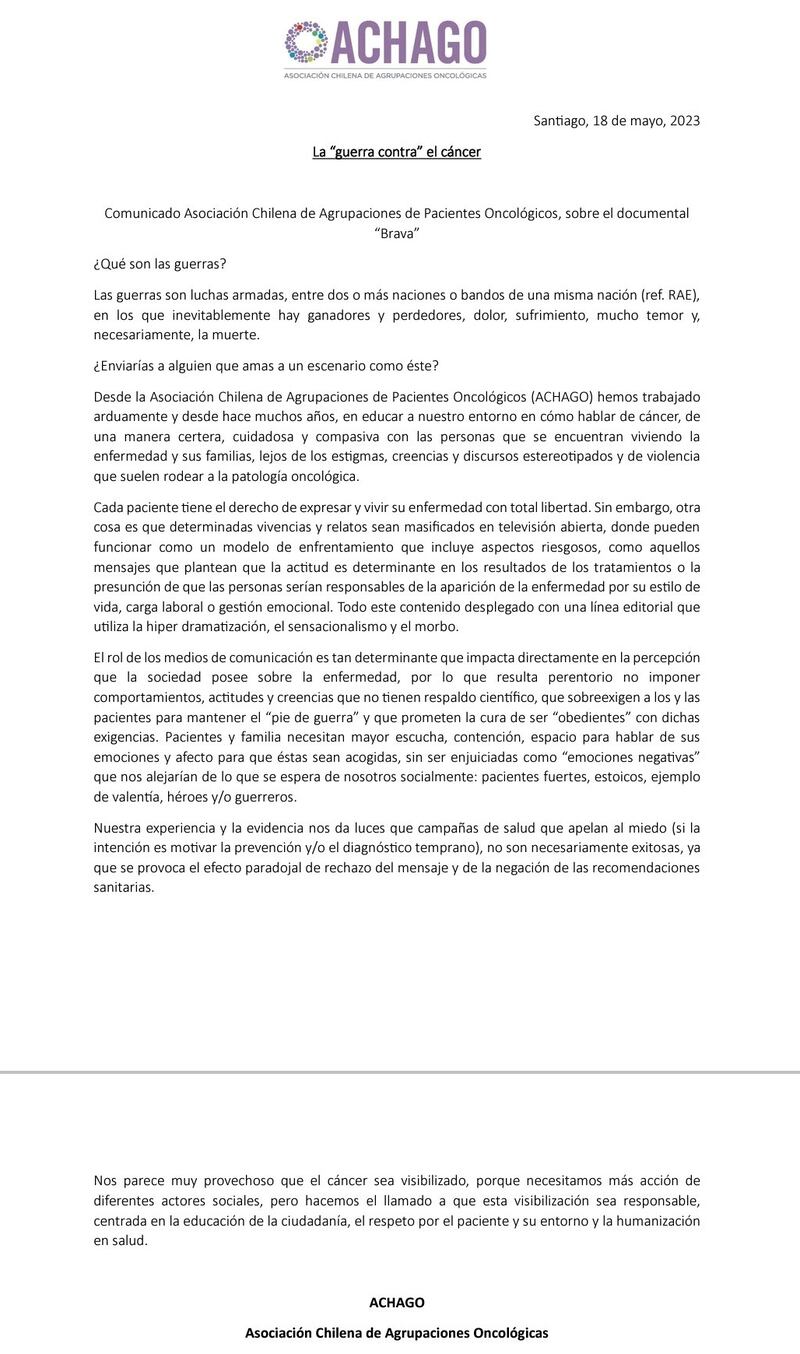 La asociación que aglutina a los pacientes oncológicos de Chile fue la que manifestó sus críticas a la serie del cáncer de Claudia Conserva.