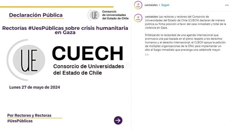 Los 18 rectores y rectoras del conglomerado de universidades estatales en Chile se alineó al llamado de la ONU, de acabar con el conflicto armado en Israel y Palestina en el territorio de Gaza.