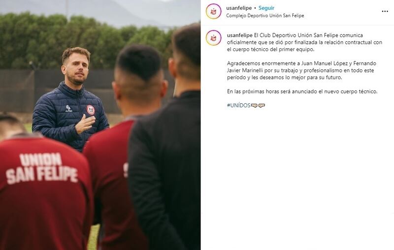 El club aconcagüino confirmó este martes 17 de octubre el despido de su técnico Juan Manuel López.