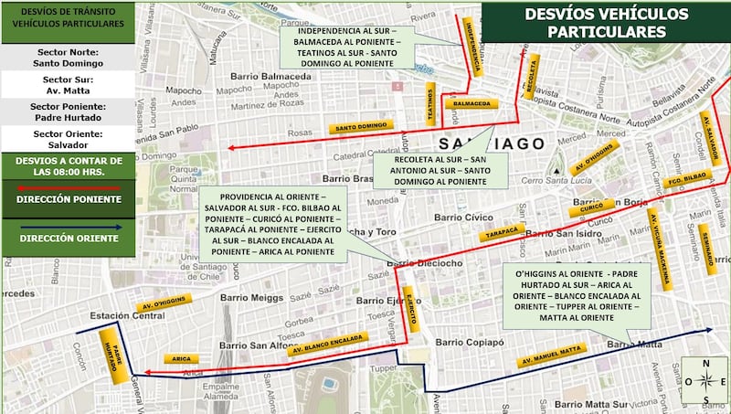 Desvíos de tránsito en eje Alameda por marcha Día del Trabajador en el centro de Santiago | Fuente: Transporte Informa