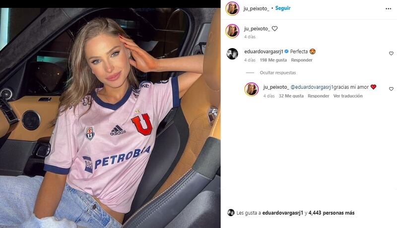 Juliana Peixoto incluso se ha dejado ver con la camiseta de la U, el equipo del cual Vargas es ídolo en Chile tras ser campeón de la Copa Sudamericana con los azules.