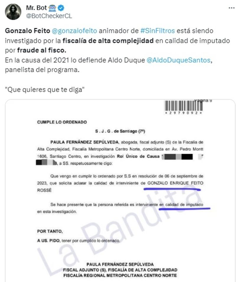 Un usuario de la red social X fue quien viralizó los documentos que involucrarían a Feito en un delito tributario, y que el abogado Aldo Duque salió a desmentir.