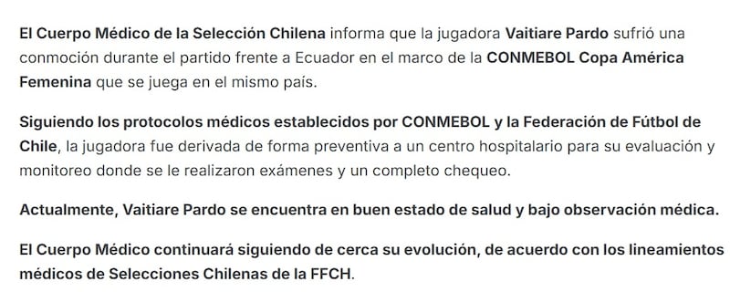 La delantera chilena se mantiene en observación, pero con una condición de salud estable.