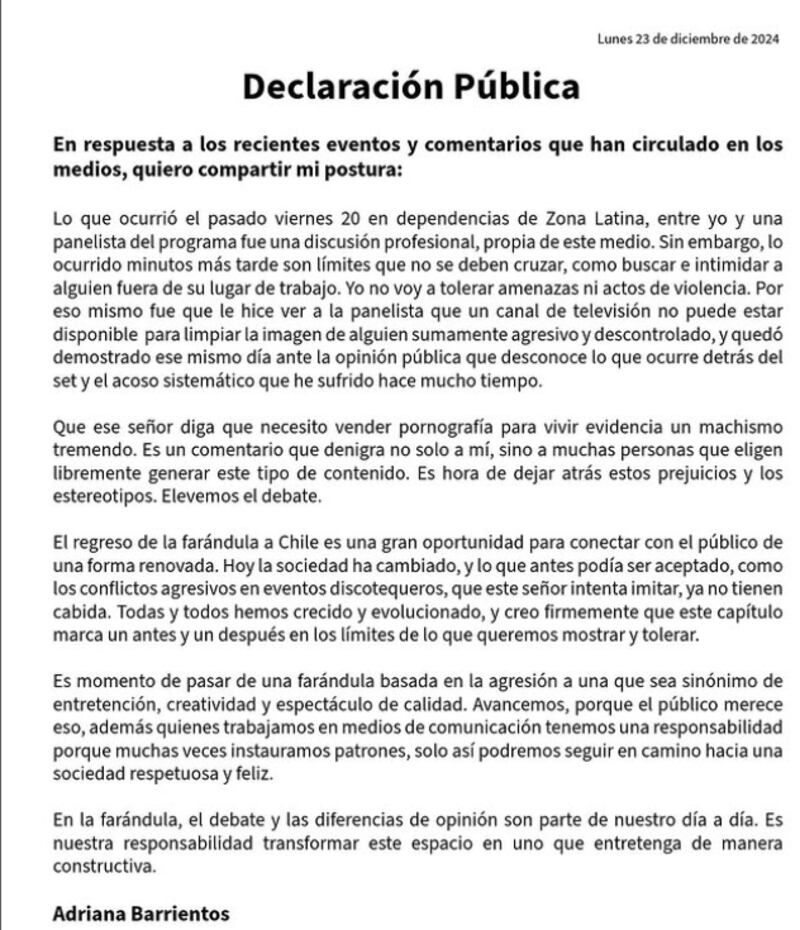 Comunicado de Adriana Barrientos