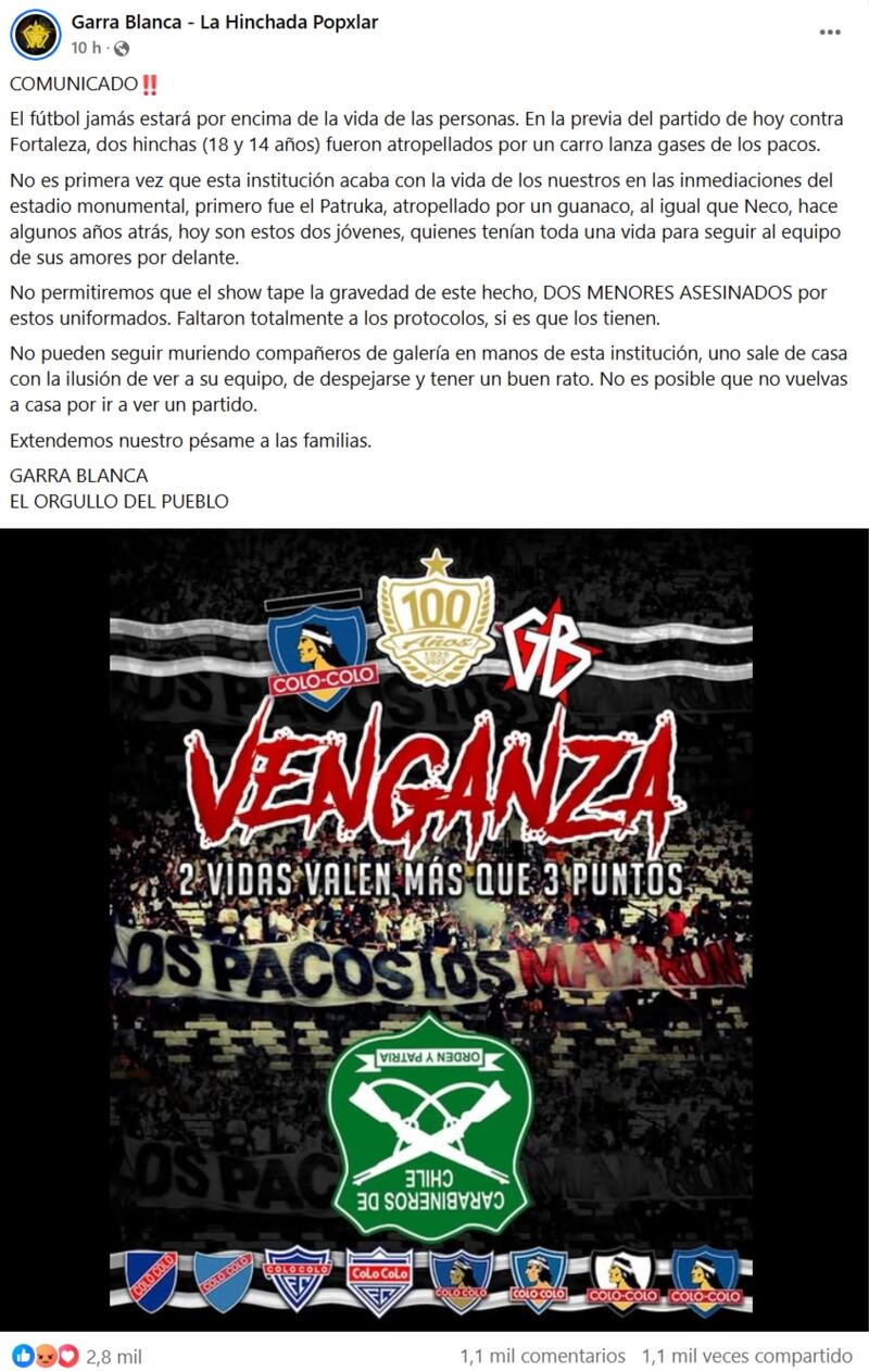 La barra oficial de Colo Colo hizo un llamado a causar desórdenes esta mañana por la muerte de dos hinchas en la previa al partido frente a Fortaleza.