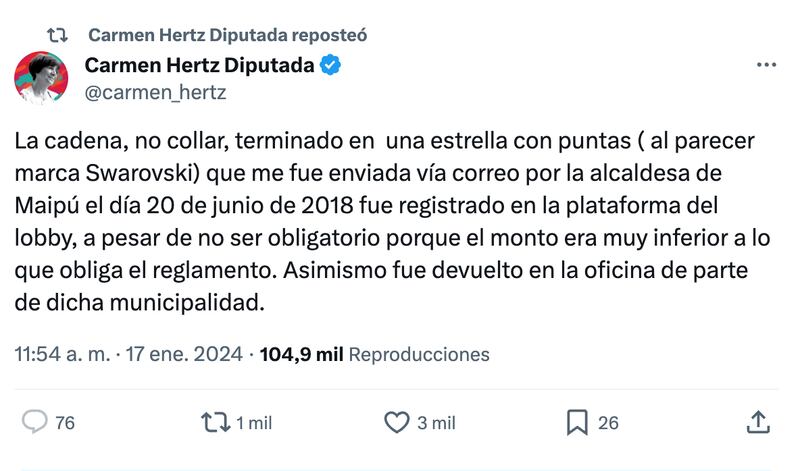 Publicación de Carmen Hertz | Fuente: X (Twitter)