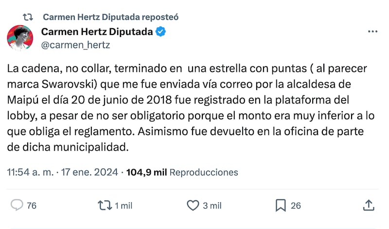 Publicación de Carmen Hertz | Fuente: X (Twitter)