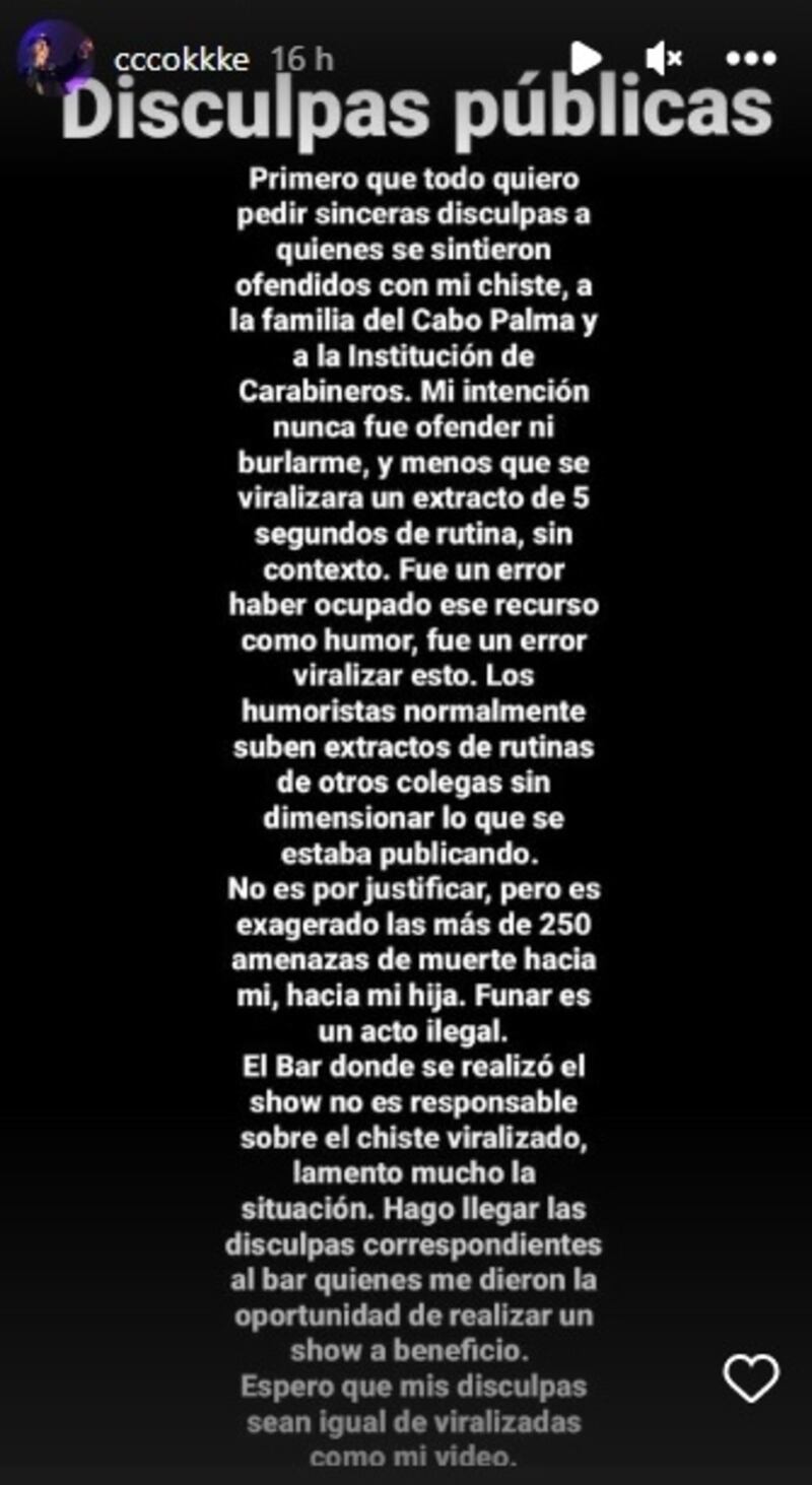 El comediante acusó haber recibido amenazas de muerte luego de viralizarse el chiste que hizo del asesinato del suboficial mayor de Carabineros Daniel Palma Yáñez.