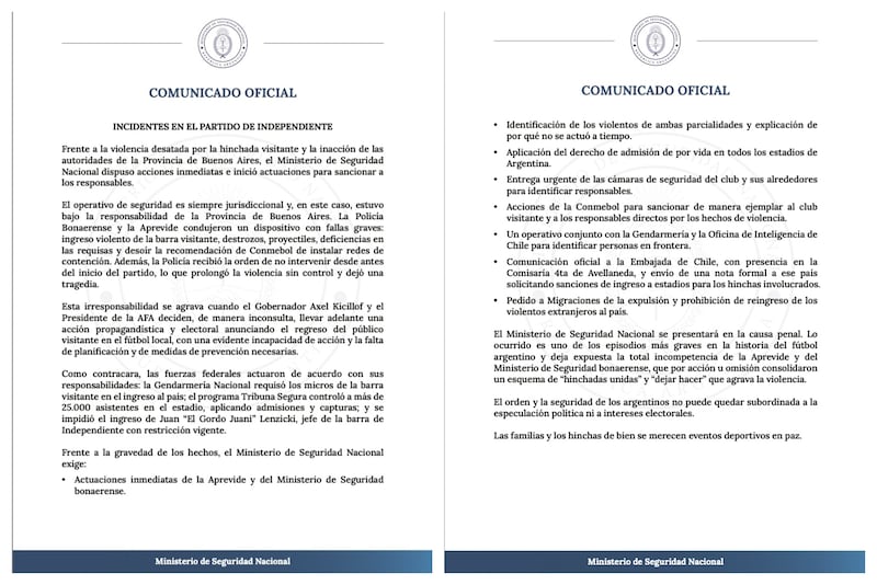 La ministra argentina culpó al gobernador de Buenos Aires por la descomunal gresca protagonizada anoche por hinchas de Independiente y Universidad de Chile.