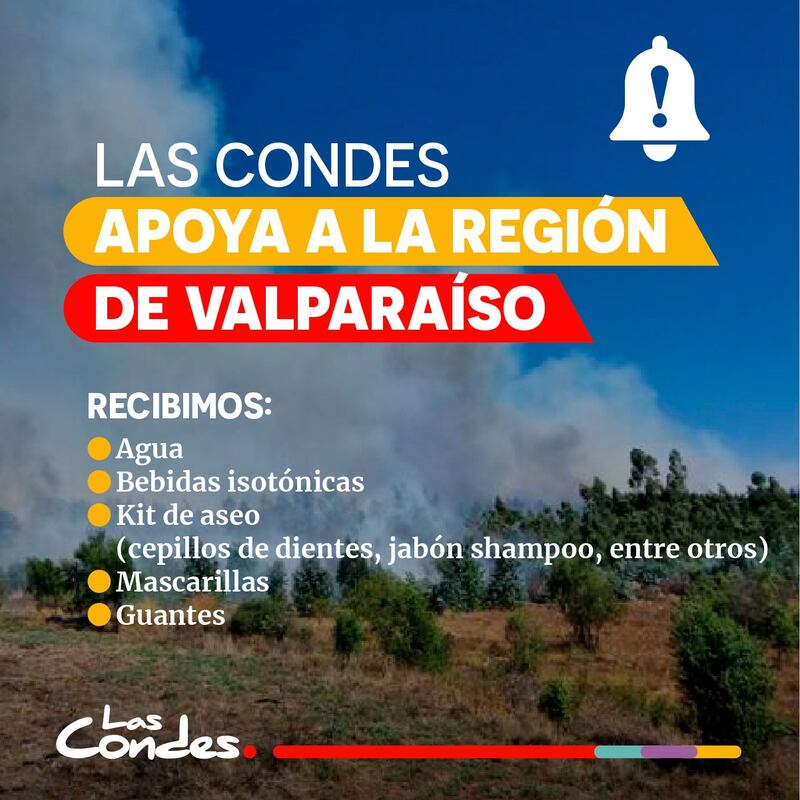 La campaña de Las Condes solicita a la gente aportar con agua, bebidas isotónicas, kit de aseo, mascarillas y guantes, entre otros utensilios para los damnificados por el siniestro.