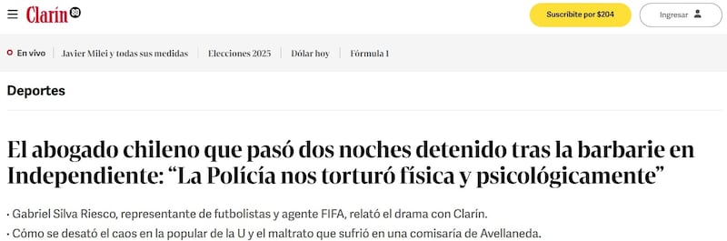 Según el agente de futbolistas detenido en medio de las agresiones de barras brava de Independiente, la policía argentina los torturó.