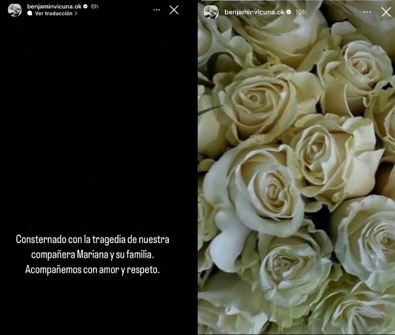 Benjamín Vicuña envió sus condolencias a Mariana Derderián. Vía Instagram