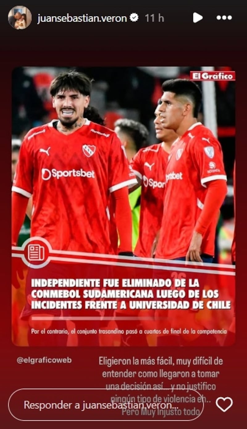 El exfutbolista argentino cuestionó la decisión de Conmebol respecto de la eliminación automática de Independiente por los incidentes provocados por sus hinchas en el partido de Copa Sudamericana ante la U.
