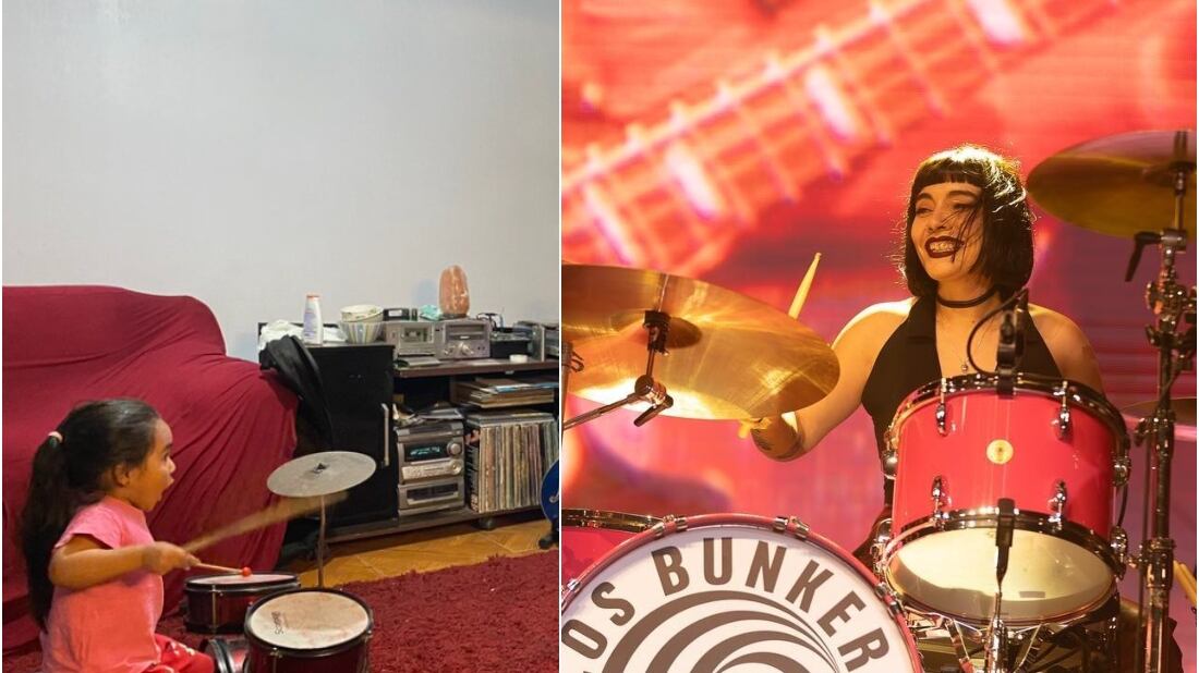 Niña tocando batería mientras ve a Cancamusa