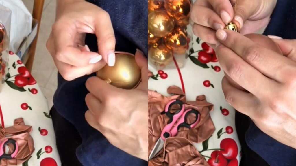 Mujer le cambió el color a esferas navideñas utilizando globos metálicos.