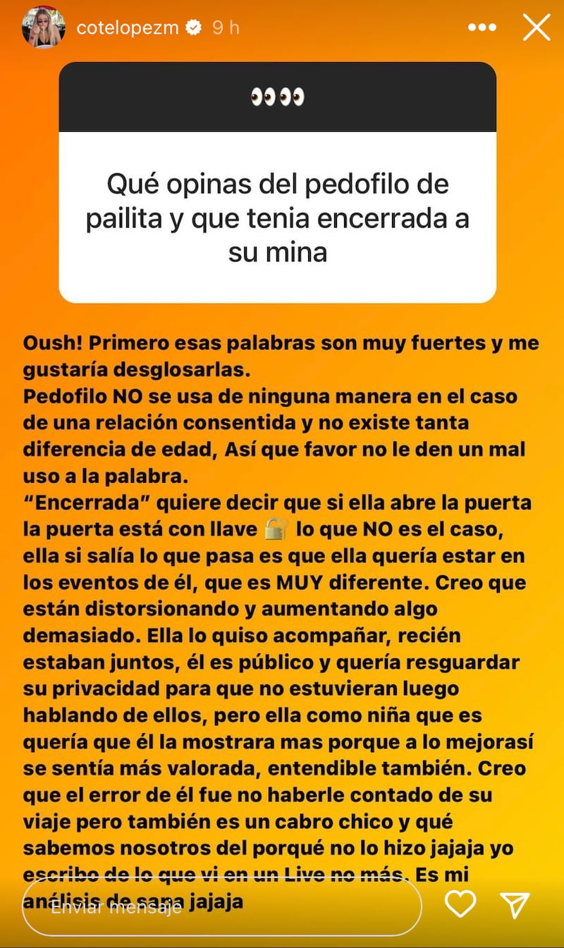 Historia de Coté López sobre Pailita | Instagram