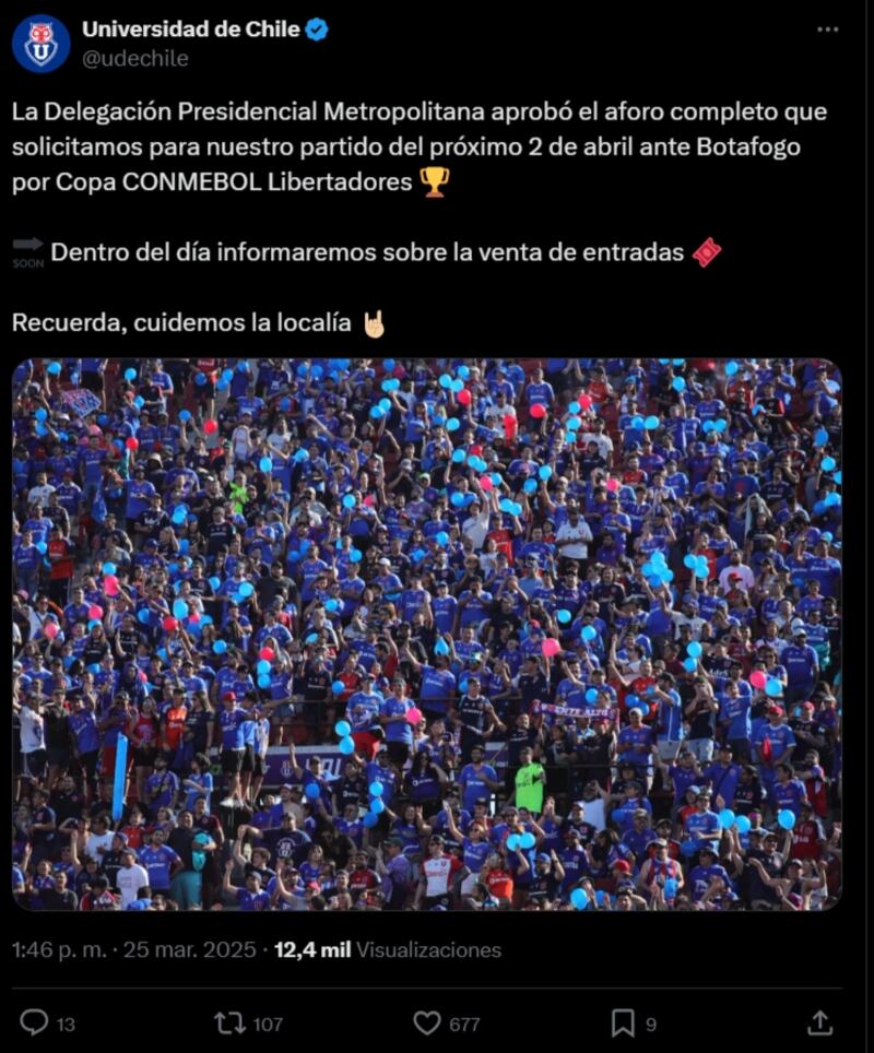 La información fue entregada esta tarde en la U, que además confirmó para las próximas horas la venta de entradas para el duelo del próximo 1 de abril en el Estadio Nacional.