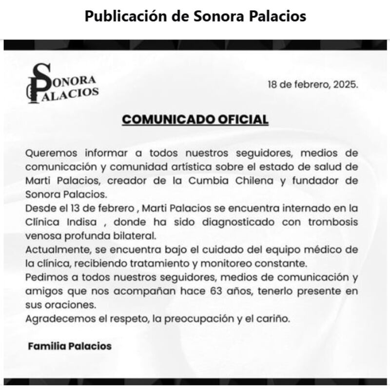 El músico se mantiene internado en la Clínica Indisa luego de sufrir una trombosis.