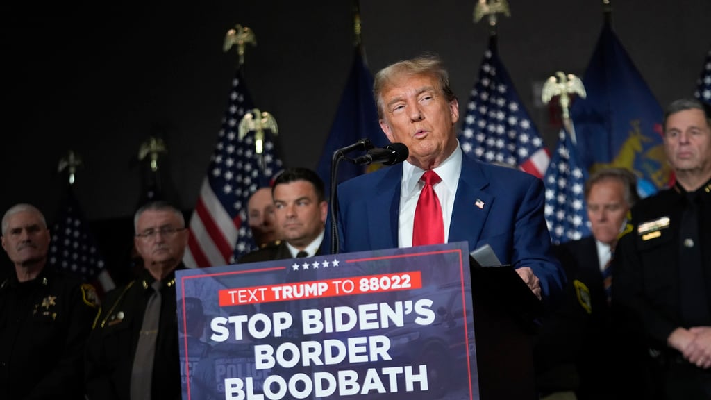 Donald Trump habla detrás del letrero "Paren el baño de sangre fronterizo de Biden".