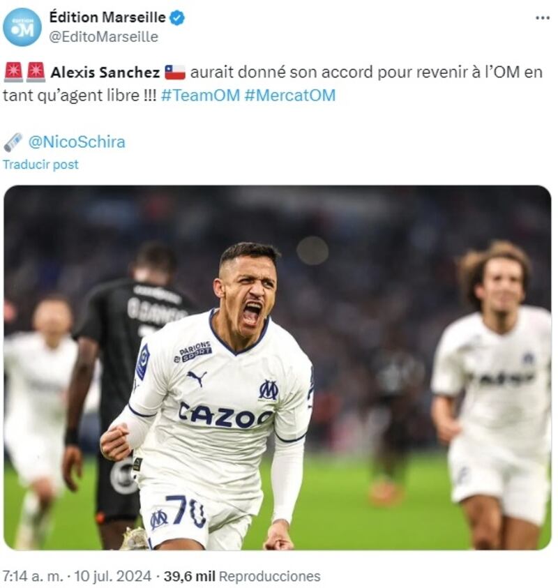 Los medios galos indican que el delantero chileno acordó regresar gratis al Marsella.