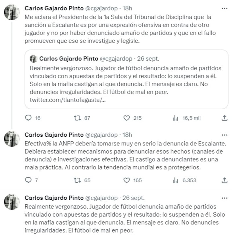 El abogado se mostró contrario a la decisión del Tribunal de Disciplina de la ANFP, de sancionar a David Escalante por denunciar eventuales "amaños de partidos" por intermedio de las "apuestas" en el fútbol chileno.