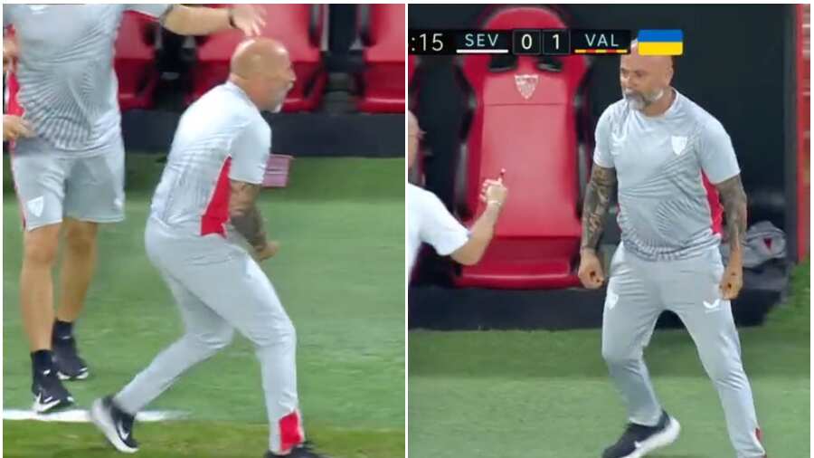 Sampaoli celebrando y luego dándose cuenta que el gol fue anulado