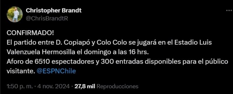 Finalmente, y según reveló este lunes el reportero del canal deportivo en sus redes sociales, el cuadro nortino recibirá en su estadio Luis Valenzuela Hermosilla al club popular en la última fecha del torneo nacional.