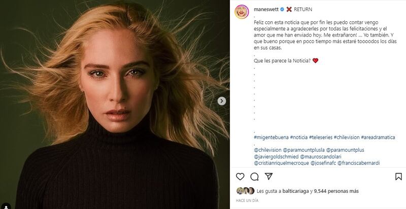 Mane Swett contó en Instagram de su regreso a las teleseries en la nueva producción de CHV.