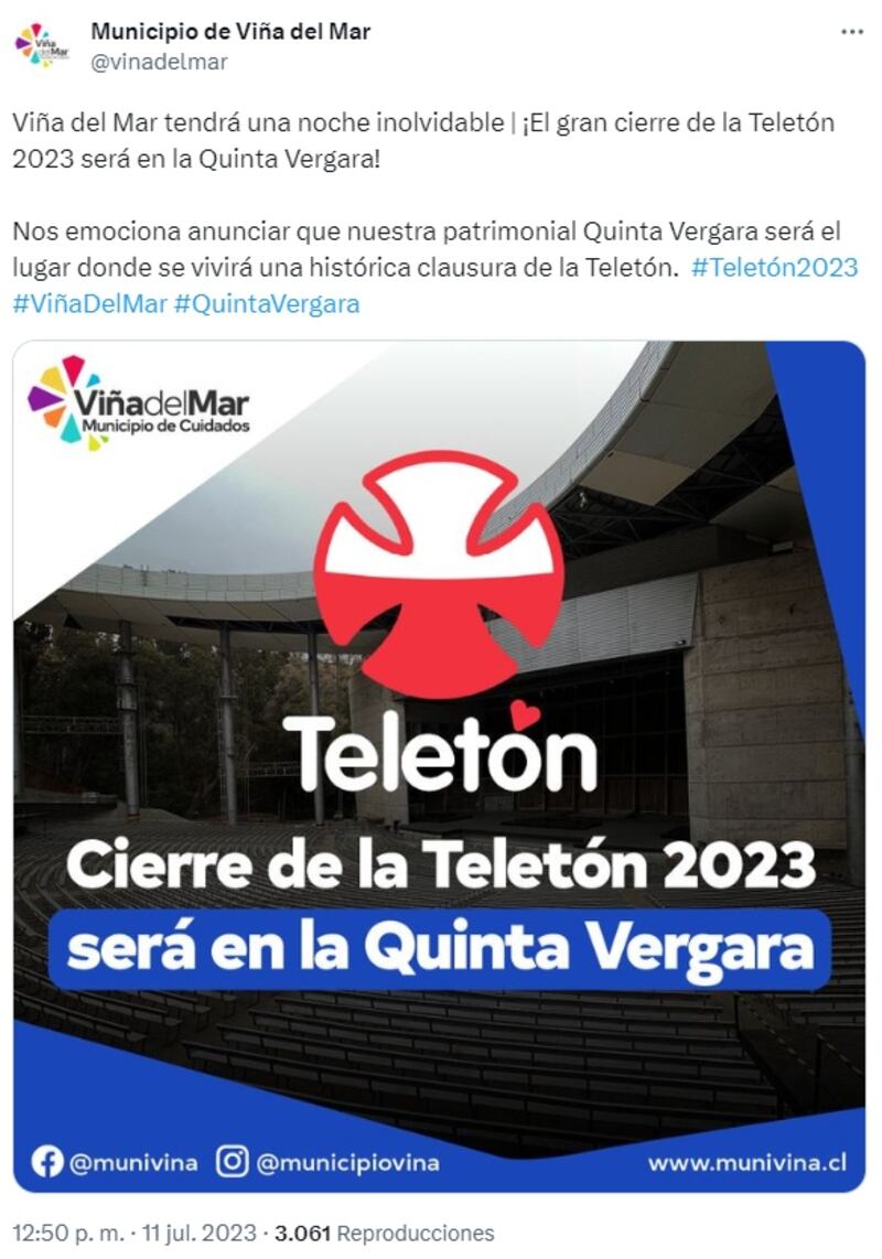 La Municipalidad de Viña del Mar confirmó en sus redes sociales el cambio de escenario del show de cierre de la Teletón 2023 a la Quinta Vergara.