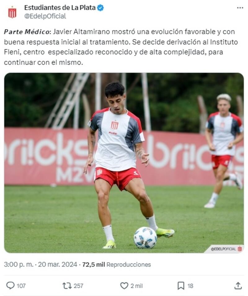 Este miércoles el club de Javier Altamirano entregó un nuevo reporte médico del estado del chileno.