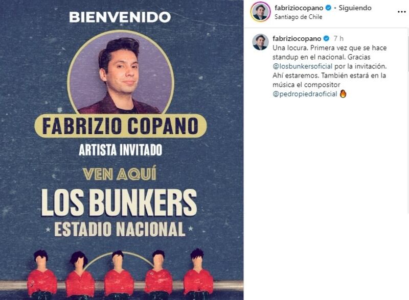 El comediante publicó en sus redes sociales la confirmada participación suya en la apertura de los conciertos de Los Bunkers en el Estadio Nacional.