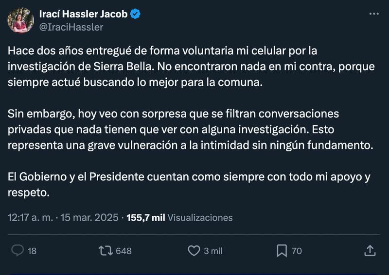 Comentario de Irací Hassler | Fuente: X de @IraciHassler