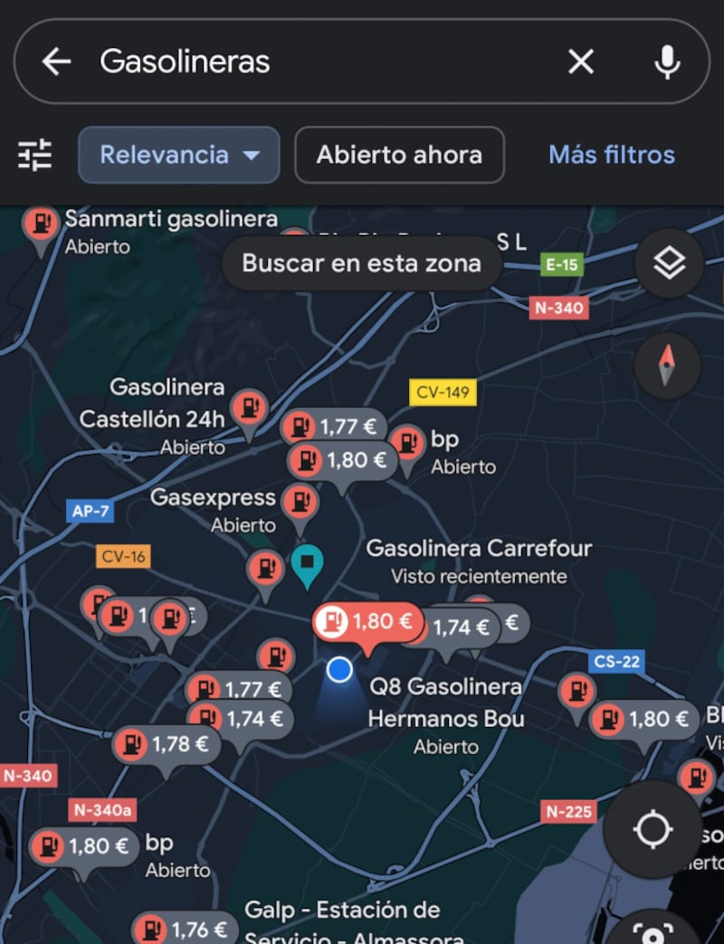 Gasolina en Google Maps de España