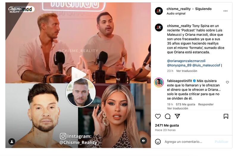 Comentario de Fabio Agostini en Chisme_Reality | Fuente: Instagram